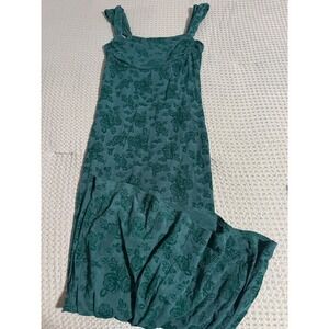 Stitch and Pine Teal Green Floral Rose Mesh Midi Dress Square Neck Womens Medium